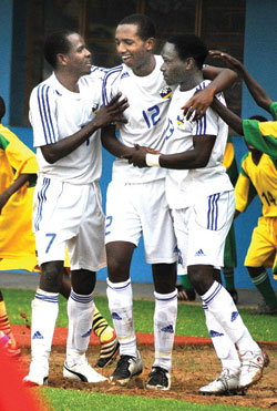 Justin Mico (C) is  mobbed by teammates during the 2011 Africa U-17 Championship. He scored the equaliser against Dransy FC. (File photo)