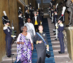 Amb Venetia Sebudandi, and Second Counselor, Evode Mudaheranwa, leave the Royal Palace in Stockholm after her meeting with the King.(Photo courtesy of Ambarwanda Sweden)