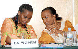 Dona Kamashazi (L) listens to Zaina Nyiramatama of Haguruka during the meeting (Photo; J. Mbanda)