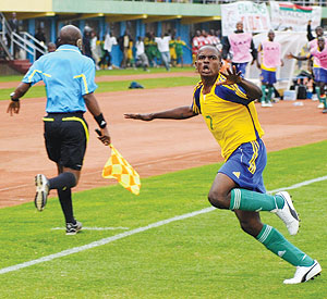Charles Mwesige Tibingana celebrates after scoring for the Junior Wasps during the Caf U-17 championship. He equalised for Rwanda yesterday. (File Photo)