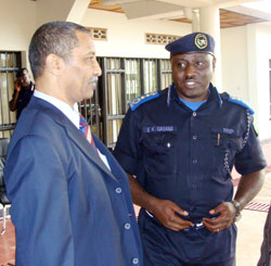 EAPCCO Chairman, Osman El-Hussein Saad Hashim,  with the Inspector General of Police, Emmanuel Gasana, at the Police headquaters in Kigali yesterday. (Courtesy Photo)