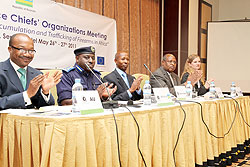 3-1 Mr. B. Matondo, IGP Emmanuel Gasana, Minister Sheikh, Musa Fazil Harerimana, Francis K. Sang, RECSA Executive secretary and Minna (Photo; T. Kisambira)