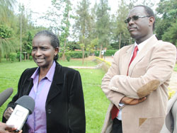 The Director General of the National Reference Lab Dr. Odette Mukabayire (L) addresses  the press yesterday as Director of CHUK Dr. Theobald Hategekimana looks on  (Photo; J. Mbanda)