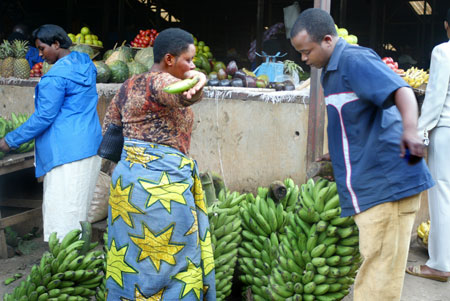 A buyer checks out a bunch of Bananas at Kimironko Market, yesterday. Food prices are expected to ease in June (Photo T.Kisambira)