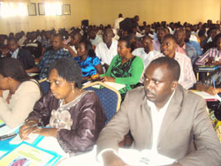 Local leaders at the Prevention of Mother to Child Transmission of AIDS meeting in Rwamagana (Photo; S. Rwembeho)