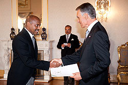 Amb. Kabale presents his credentials to Portuguese President Jose Anibal Cavaco Silva Hanibal (Courtesy photo)
