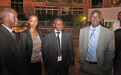 (L-R) Egide Gatsirambo president IRPV, Teta Isibo chairperson regulatory council of real property valuation, DG NLC Emmanuel Nkurunziza, and Minister Kamanzi (Photo T. Kisambira)