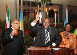 (L-R) H.E Khaled Abdel Rahman, the Egyptian ambassador to Rwanda, Dr M.Matiko, the Tanzanian envoy and Amb. Jacqueline Mukangira celebrate Africa Day (Photo; T. Kisambira)