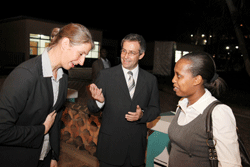 Dr. Stephan Klingebiel (C), introduces Kampeta Sayinzoga, the P.S. Ministry of Finance to the incoming KFW boss, Daniella Beckmann (Photo; T. Kisambira)