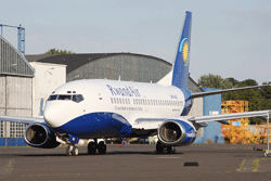 A RwandAir Boeing 737-500 jet at the Kigali International Airport