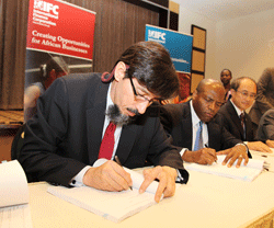 (L-R) Martin Nazeem, the Managing Director of Business Partners Rwanda and IFCu2019s Jean Philippe Prosper, Director of Eastern and Southern African (Photo T.Kisambira)