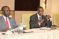 (L-R) The Executive Secretary RNEC, John Rutayisire, with the Defence Minister, James Kabarebe, during a meeting with student leaders. (Photo; T. Kisambira)