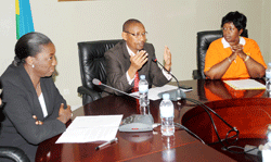 (L-R) Global Fund representative Caty Fall Sow, Finance Minister John Rwangobwa and Health Minister Dr. Agnes Binagwaho at the signing ceremony. (Photo JMbanda)