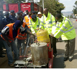 Minister James Musoni (middle) Mayor Fidele Ndayisaba (Right) and Police chief, Emmanuel Gasana, at the launch of the Road Safety Week yesterday in Kigali (Photo B Asiimwe)