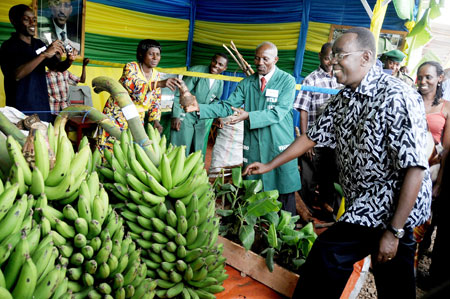 Prime Minister Bernard Makuza admires at the expo. (Photo J Mbanda)