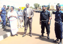 Minister Protais Mitali (2ndR) and other officials  at Kayonza main round about. (Photo S. Rwembeho)