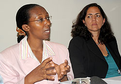 Minister Coletha Ruhamya and Yolande Coombes, a sanitation specialist, at the press conference. (Photo J Mbanda)