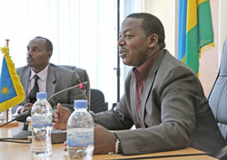 MINALOC P.S.  Cyrille Turatsinze, together with Fred Mufulukye, the DG of Territorial Administration during the news conference (Photo T.Kisambira)