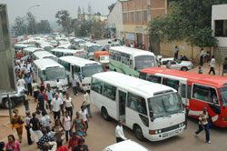 Commuter buses downtown Kigali. Transport fares have increased for the second time this year. (File photo)