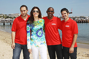 (L-R) Film Makers Ismail Al Qaisi,Pierre Kayitana and Omri Bezalel with Christina Astrade attend a Film Without Borders event during 64th Annual Cannes Film Festival at on May 18, 2011 in Cannes, France.