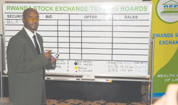 Celestin Rwabukumba on the floor of the RSE during the listing of Bralirwa shares (File photo)