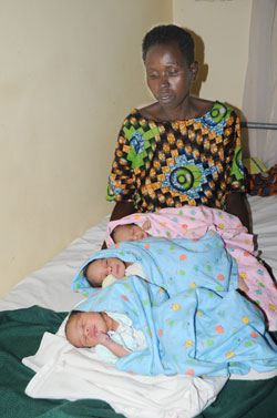 Chantal Nyirahabimana  with her triplets at Kibagabaga Hospital (Photo J Mbanda)