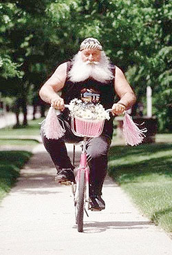 There are some exterme cases of midlife crisis, read, an adult riding a girls pink bicycle.