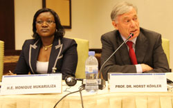  (L-R)EAC Minister Monique Mukaruliza together with the Former German President Horst Kohler in a meeting on Tuesday (Photo T.Kisambira)