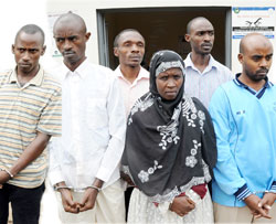 L-R;John Mutabaruka, Emmanuel Higiro (Kabasha), Col. Norbert Ndererimana (Gaheza), Asifat Kansime,Ibrahim Niyonzima and Ramadhan Sibomana at CID headquarters.