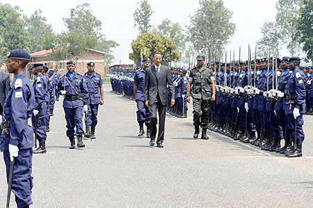  President Kagame inspecting a guard of honour mounted by the Police cadet officers at the National Police Academy yesterday (Photo T. Kisambira)