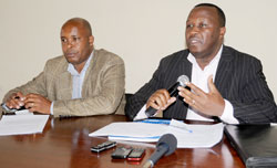 FARG  head Theophile Ruberangeyo (R), addressing the press as the Executive Secretary of IBUKA ,Janvier Forongo, looks on.(Photo J Mbanda)