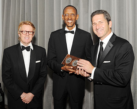 President Kagame receives award from Chello Foundation with chairman of Chello Foundation Shane Ou2019Neill and CEO of Liberty Global Mike Fries 