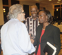  L-R; Dr Gerry Caplan, Amb. Joseph Mutaboba and Foreign Affairs Minister, Louise Mushikiwabo, at the Liberation conference yesterday. (Photo J Mbanda)