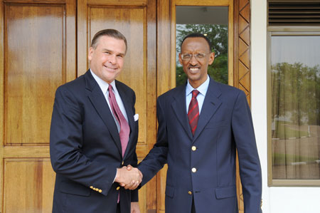 President Kagame with outgoing US Ambassador, Stuart Symington, at Village Urugwiro, yesterday. (Photo Village Urugwiro)