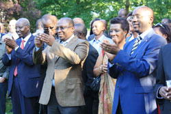   (L-R) Faustin Musare, the Charge d'Affaires, Amandin Rugira, Rwanda's Ambassador to DRC and Ambassador Robert Masozera during the event in Brussels (Courtesy Photo)