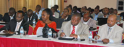  Provianial Governors, Alphonse Munyantwali - South, Kirabo Kacyira - East, Aimu00e9  Bosenibamwe - North and Celestin Kabahizi of the West, during the meeting. (Courtesy Photo)