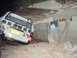 The scene of the accident at Nyabisindu trading centre where a taxi rammed into a building. (Photo D Sabiiti)