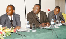  L-R; BRD Boss Jack Kayonga, Trade and Industry Minister Francois Kanimba and the CEO of BDF, Desire Rumanyika at the launch of Fund, yesterday. (Photo J Mbanda).