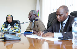 (L-R)Electoral commission Vice Chairperson Fatou Harerimana, Chairman Chrysologue Karangwa and Executive Secretary Charles Munyaneza during the conference yesterday (Photo T Kisambira)