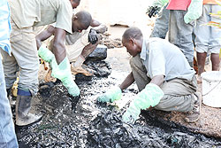 Volunteers separate Genocide victims' remains from waste at Remera-based Hotel Tech last week (File Photo)