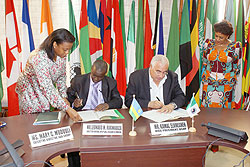 Top executives at AfDB sign the grant agreement to Rwanda (Courtesy Photo)