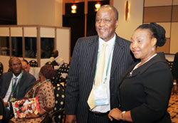 South African singer Yvonne Chakachaka (R) with a delegate at the sanitation conference yesterday (Photo T Kisambira)