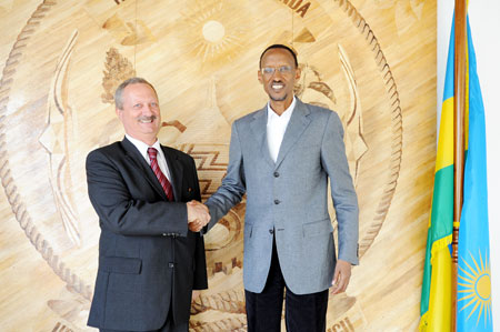 President Kagame with the outgoing Belgian Ambassador, Ivo Goemans, at Village Urugwiro, yesterday. (Photo Village Urugwiro)