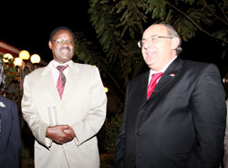The Egyptian ambassador, Khaled Abdelrahman (R)with Ben Rutsinga an official with the Foreign Affairs Ministry (Photo T Kisambira)