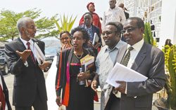 RPF Secretary General Francois Ngarambe (L) chats with members of Parliament after the Forum of Political Parties General assembly yesterday. (Photo J Mbanda)