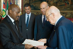  Amb. Jacques Kabale presents his credentials to  the Italian President Giorgio. (Courtesy Photo) Napolitano