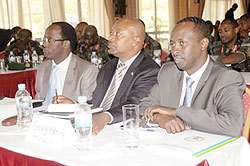 Governors; Alphonse Munyentwali (R) of southern province, Celestin Kabahizi (C) of Western province and Kigali City Mayor Fidel Ndayisaba.