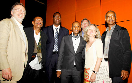 (L-R) Phil Alden Robinson, Wynn Thomas Protais Mitali the Minister of Youth Culture and Sports, Eric Kabera CEO of RCC, Ellen Harrington and Willie Burton during the official opening of the 7th edition of the Rwanda Film Festival, on Saturday.