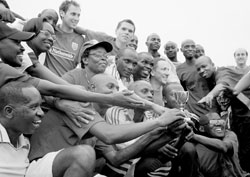  Members of the Rwandan Senioru2019s team lift the Umubano Cup after beating 