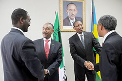 3-2t(L-R) The Permanent Secretary, Ministry of Trade and Industry Emmanuel Hategeka, Gabriel Negatu the AfDB regional Director, Finance Minister John Rwangombwa and Negatu Makonnen AfDB Resident Representative after the signing ceremony yesterday. The New